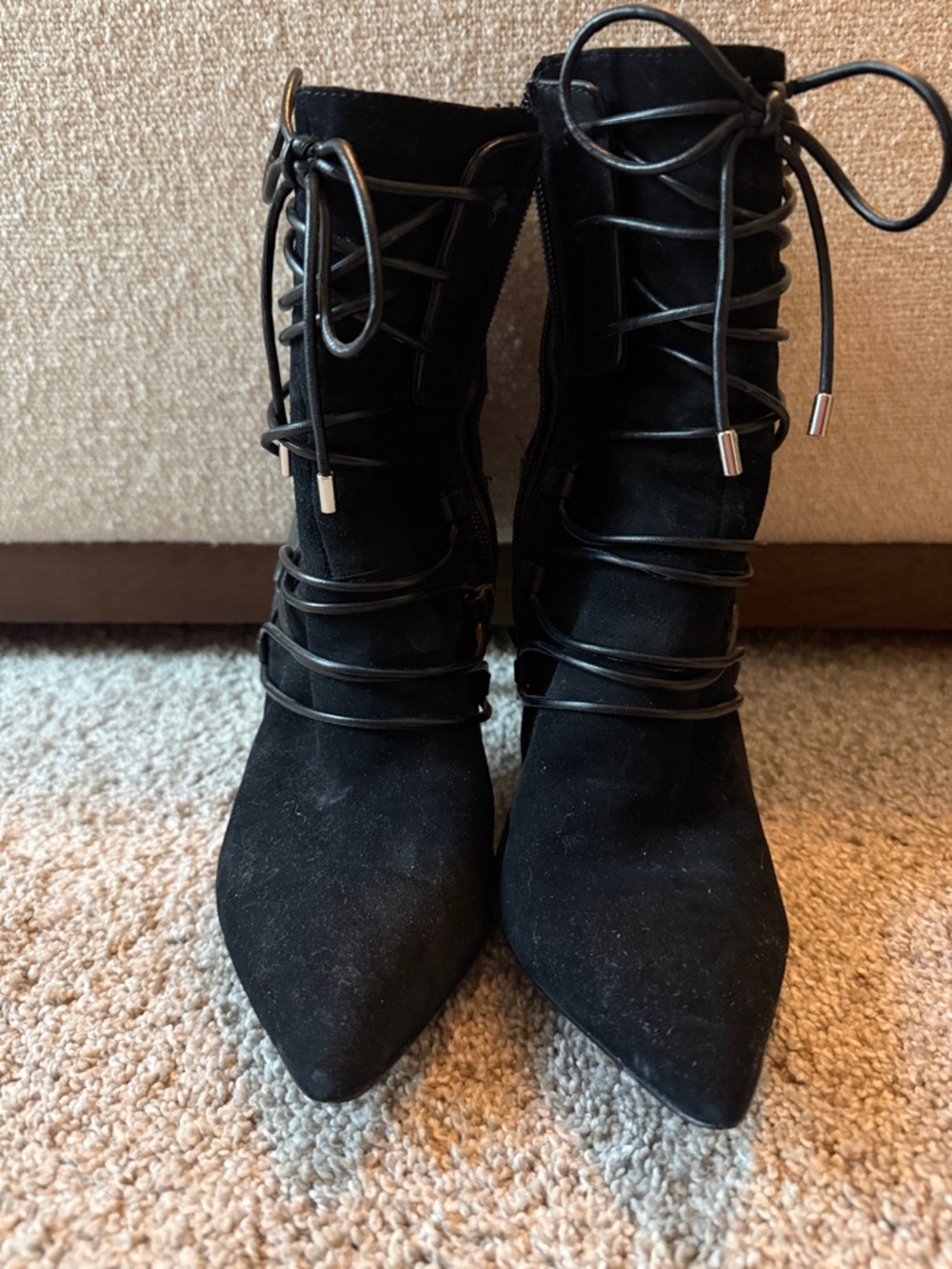 Nine West Black Suede Pointed Toe Lace-Up Heeled Ankle Boots